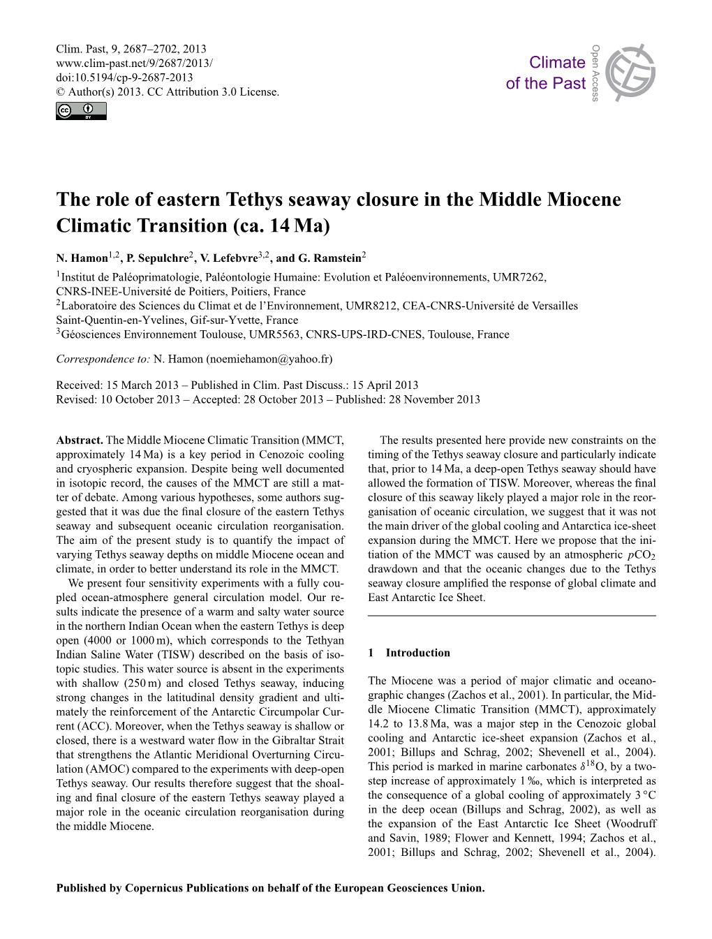 The Role of Eastern Tethys Seaway Closure in the Middle Miocene Climatic Transition (Ca