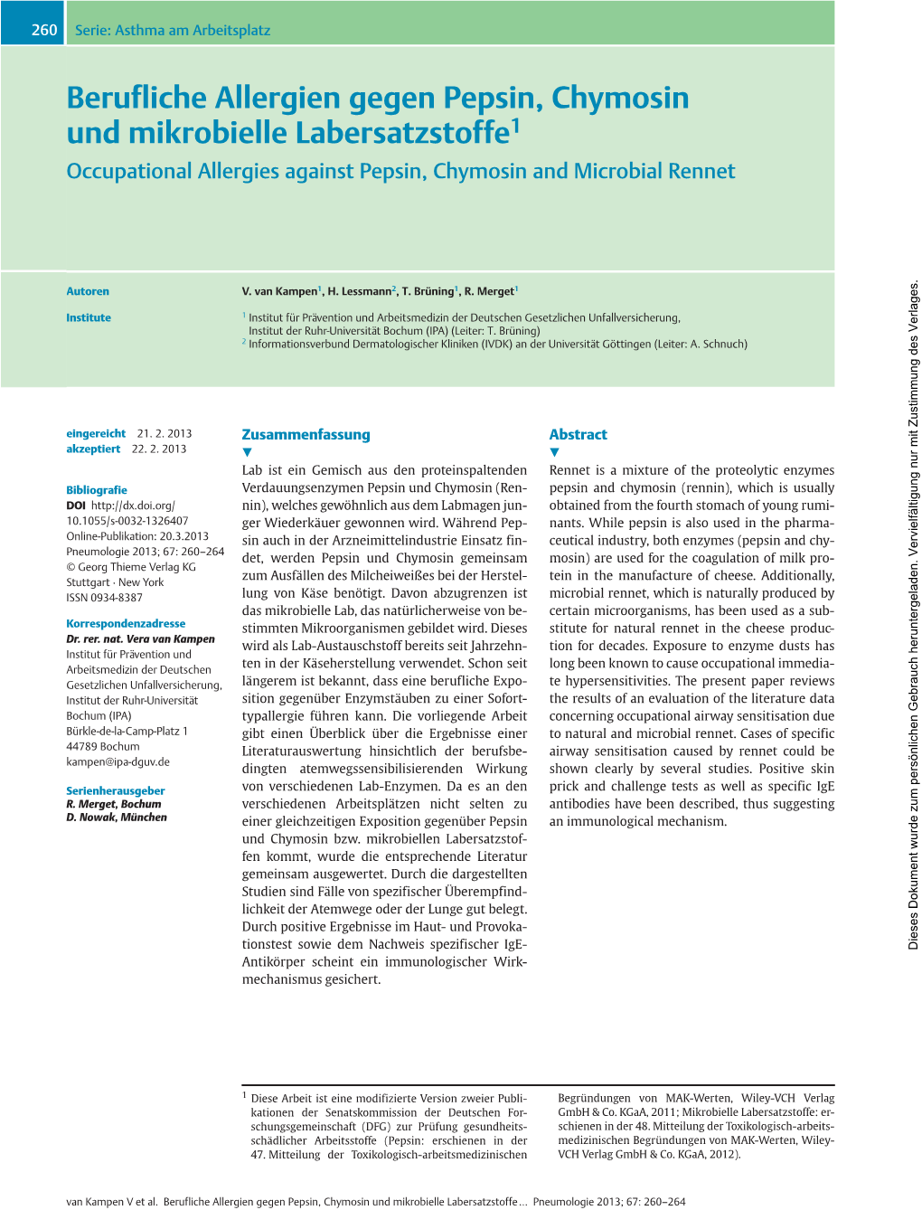 Berufliche Allergien Gegen Pepsin, Chymosin Und Mikrobielle Labersatzstoffe1 Occupational Allergies Against Pepsin, Chymosin and Microbial Rennet