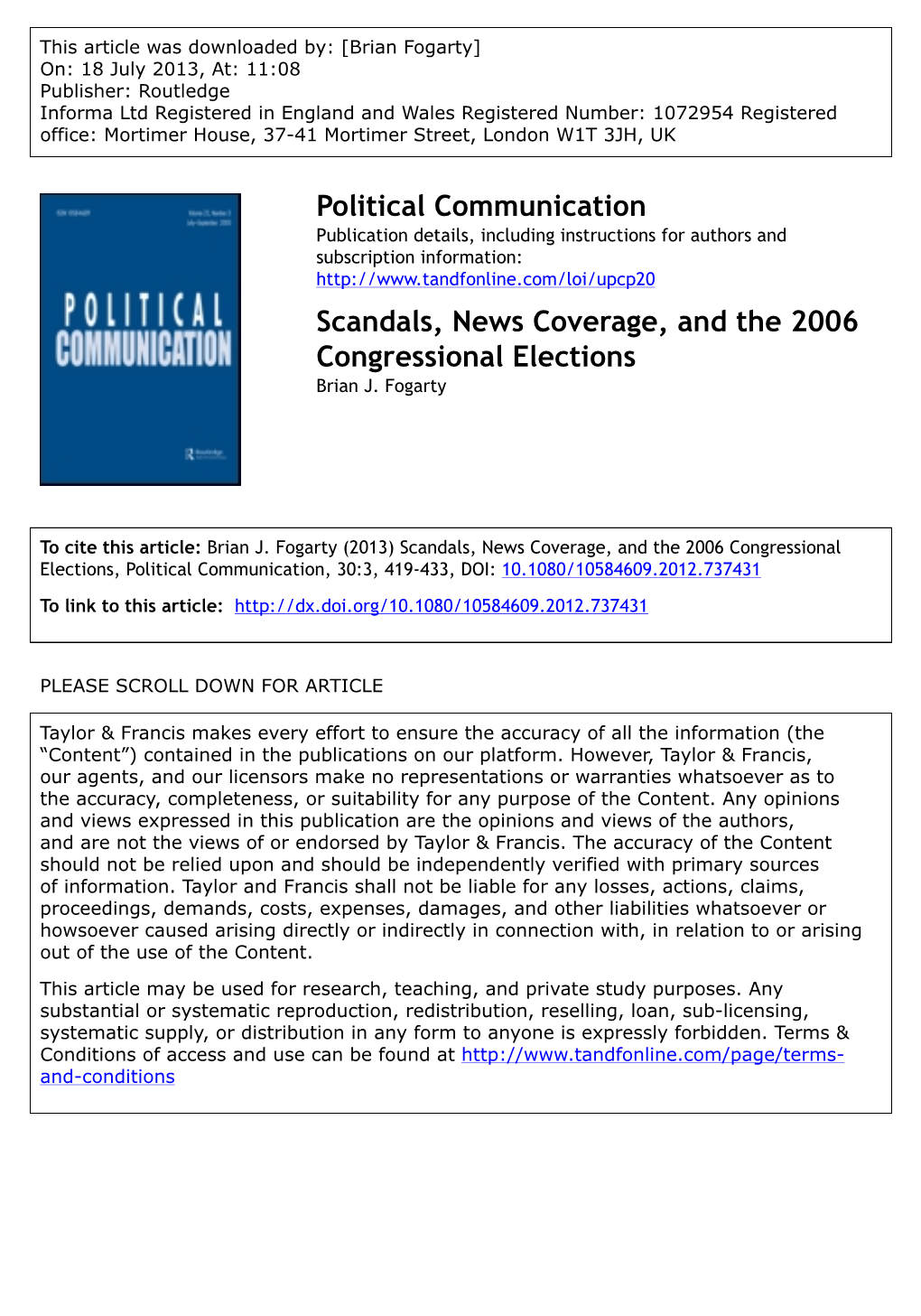 Scandals, News Coverage, and the 2006 Congressional Elections Brian J