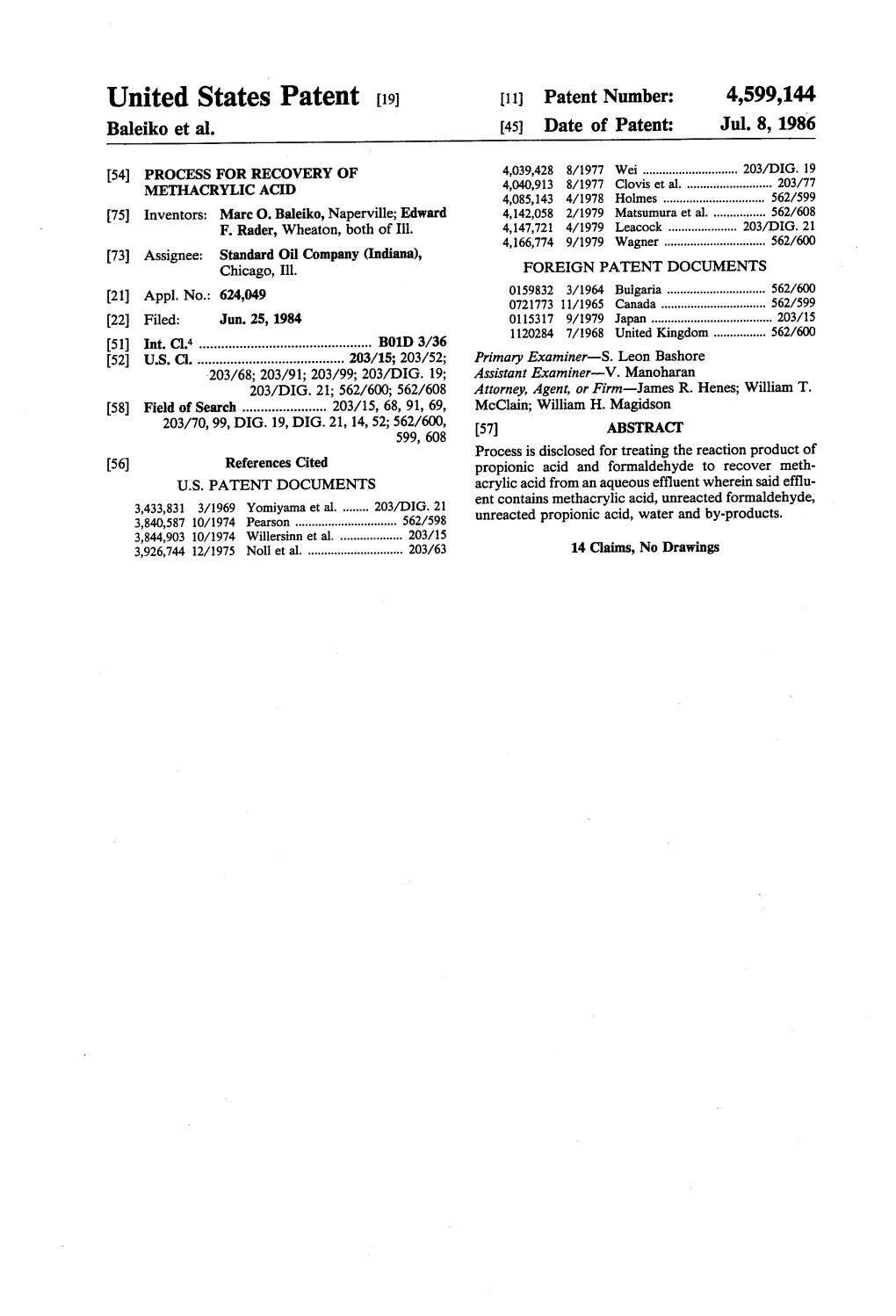 United States Patent 19 11 Patent Number: 4,599,144 Baleiko Et Al