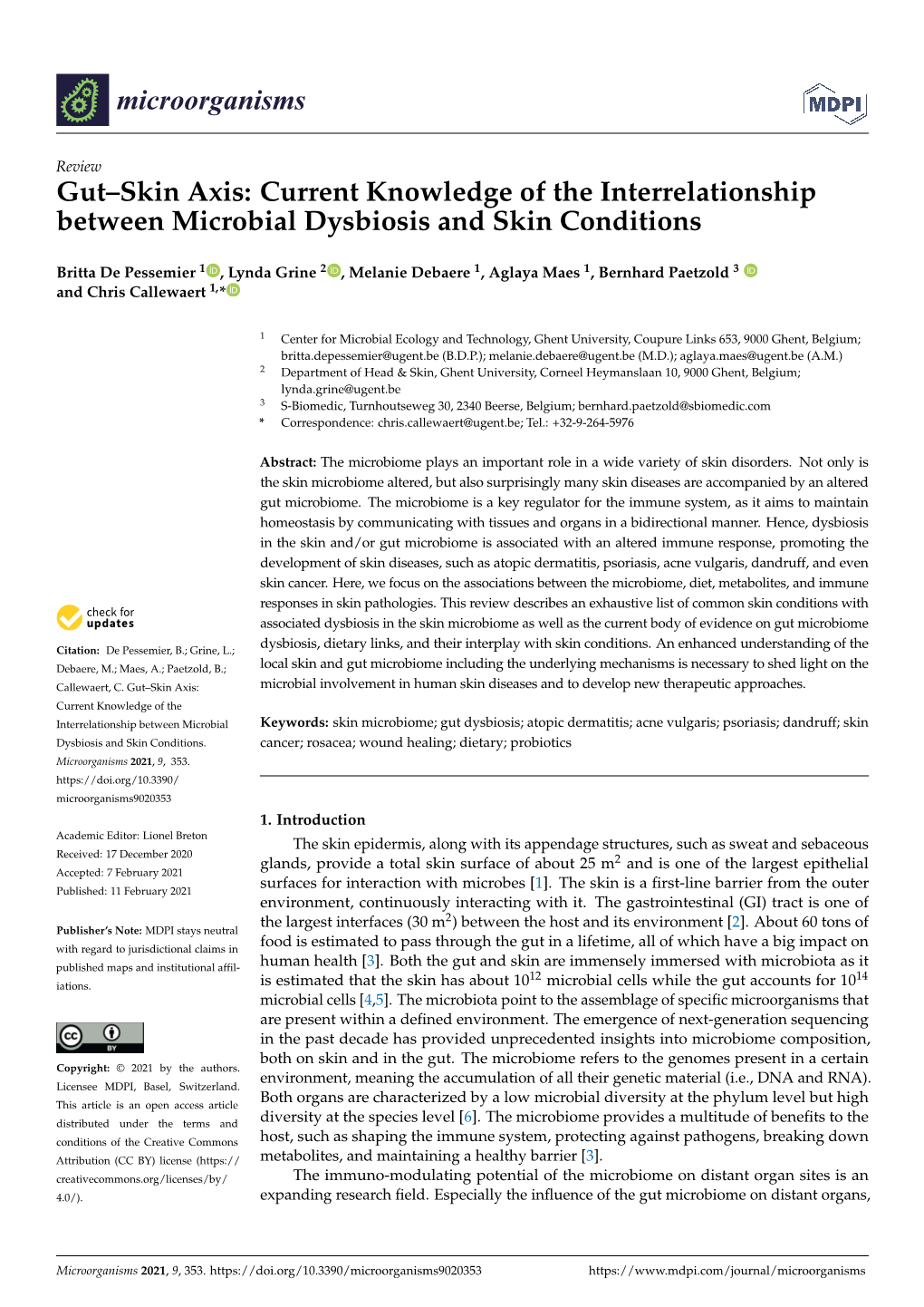Gut–Skin Axis: Current Knowledge of the Interrelationship Between Microbial Dysbiosis and Skin Conditions