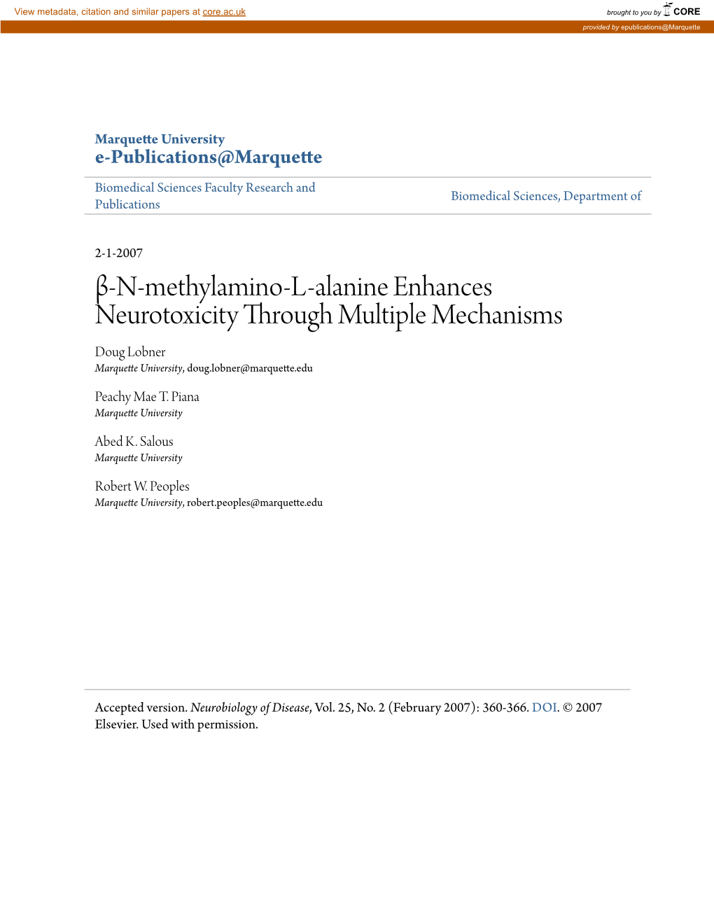 Β-N-Methylamino-L-Alanine Enhances Neurotoxicity Through Multiple Mechanisms Doug Lobner Marquette University, Doug.Lobner@Marquette.Edu