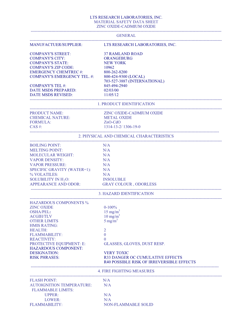 Lts Research Laboratories, Inc. Material Safety Data Sheet Zinc Oxide-Cadmium Oxide ------General ------Manufactuer/Supplier: Lts Research Laboratories, Inc