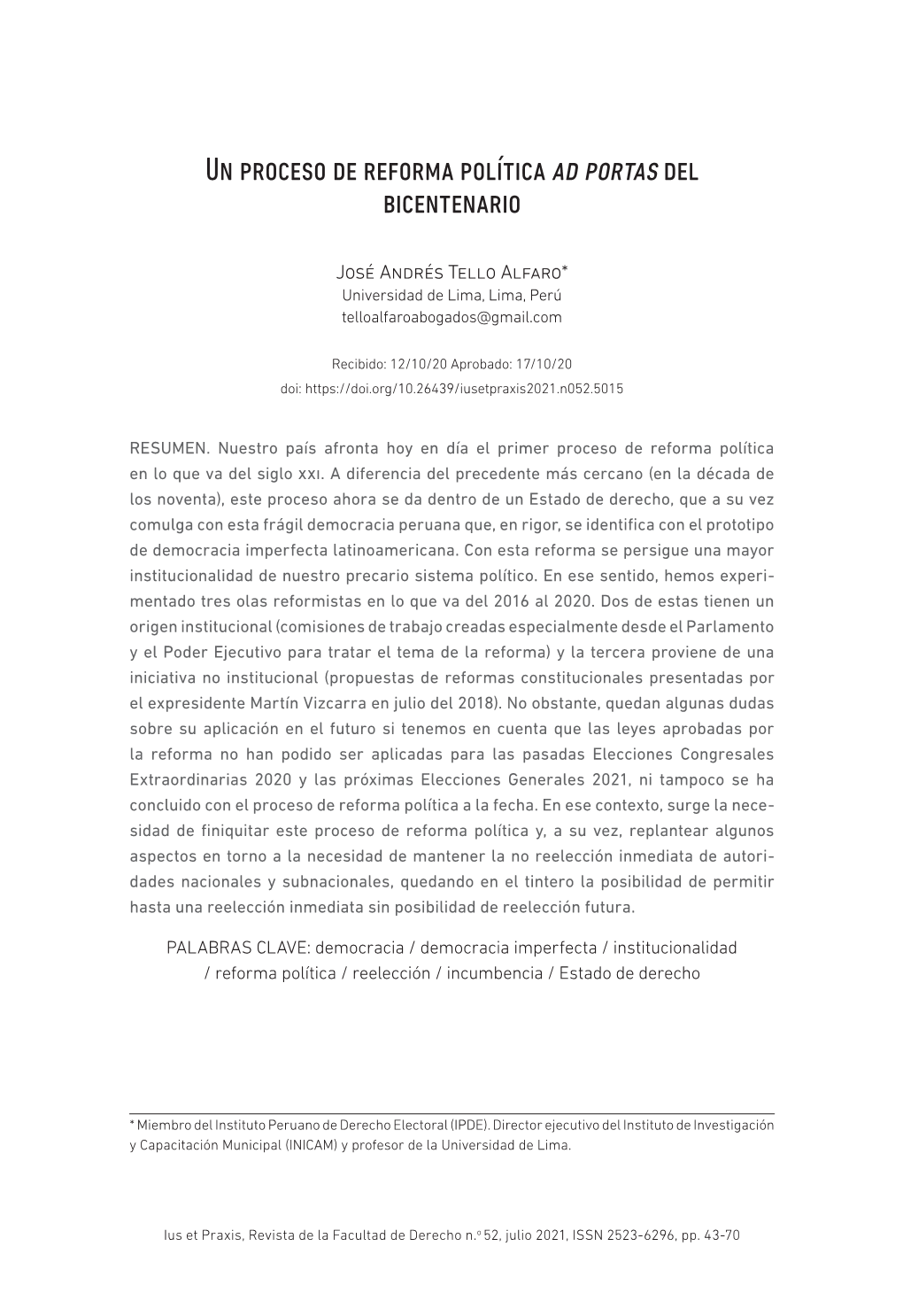 Un Proceso De Reforma Política Ad Portas Del Bicentenario