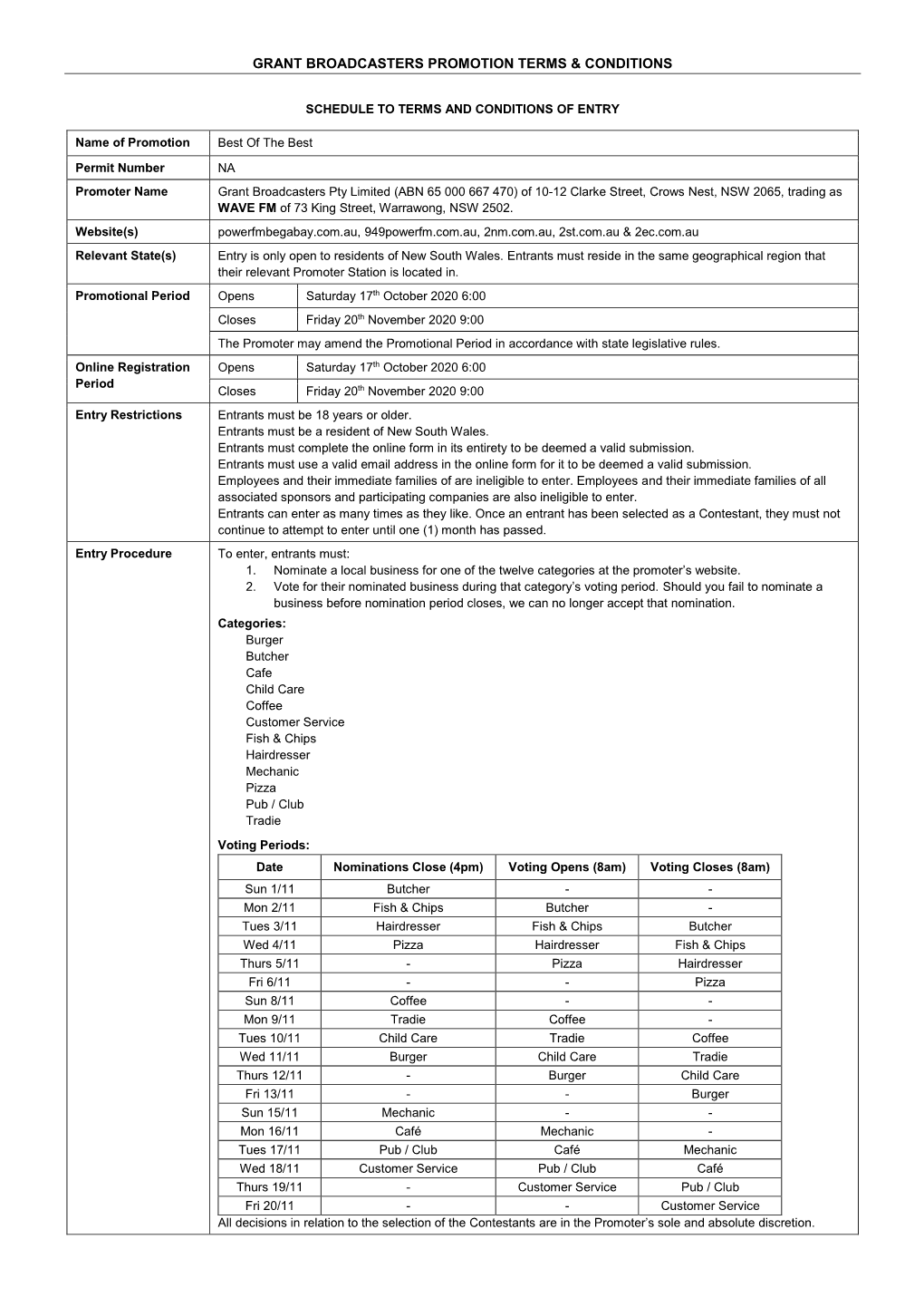 Grant Broadcasters Promotion Terms & Conditions