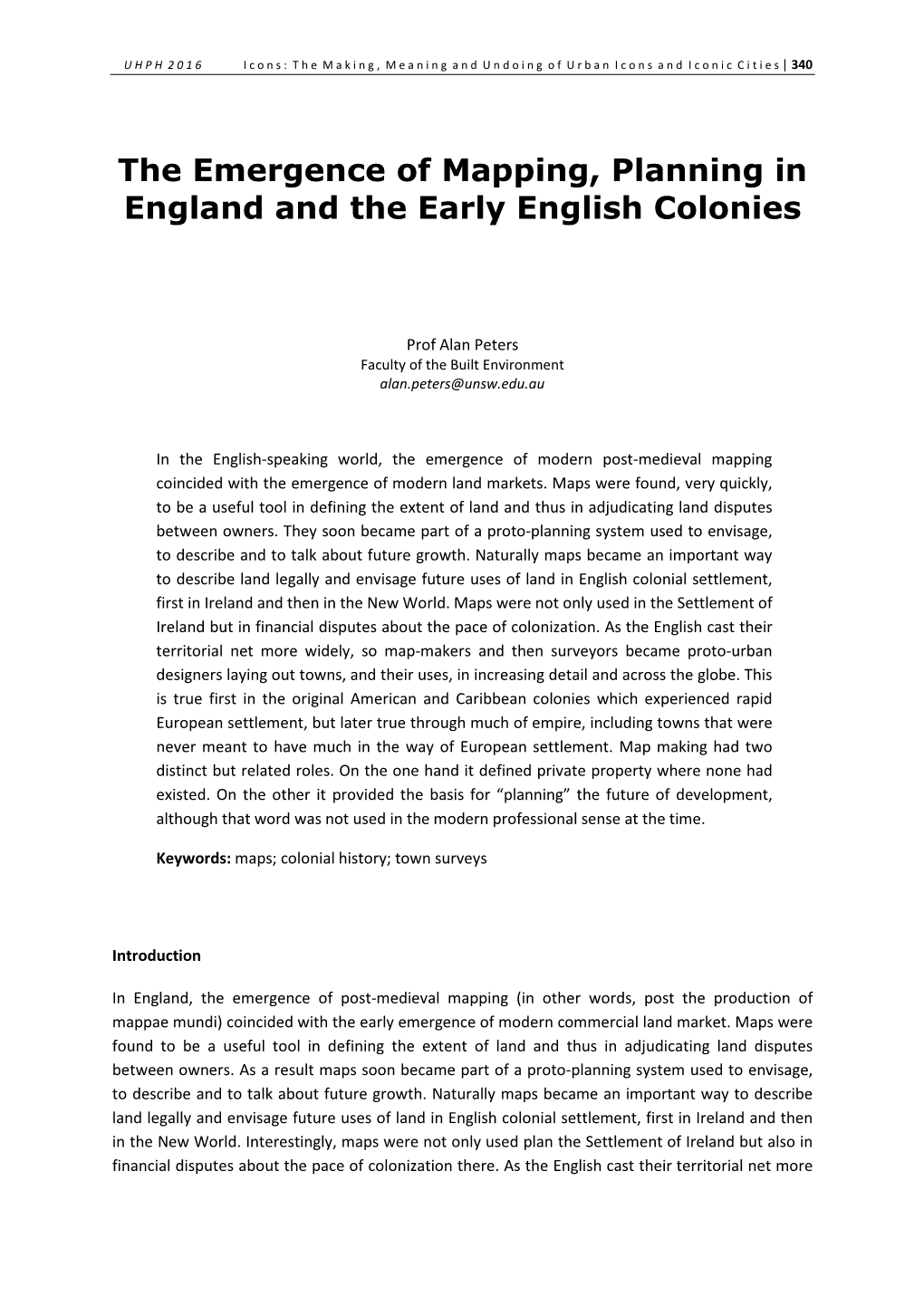 The Emergence of Mapping, Planning in England and the Early English Colonies