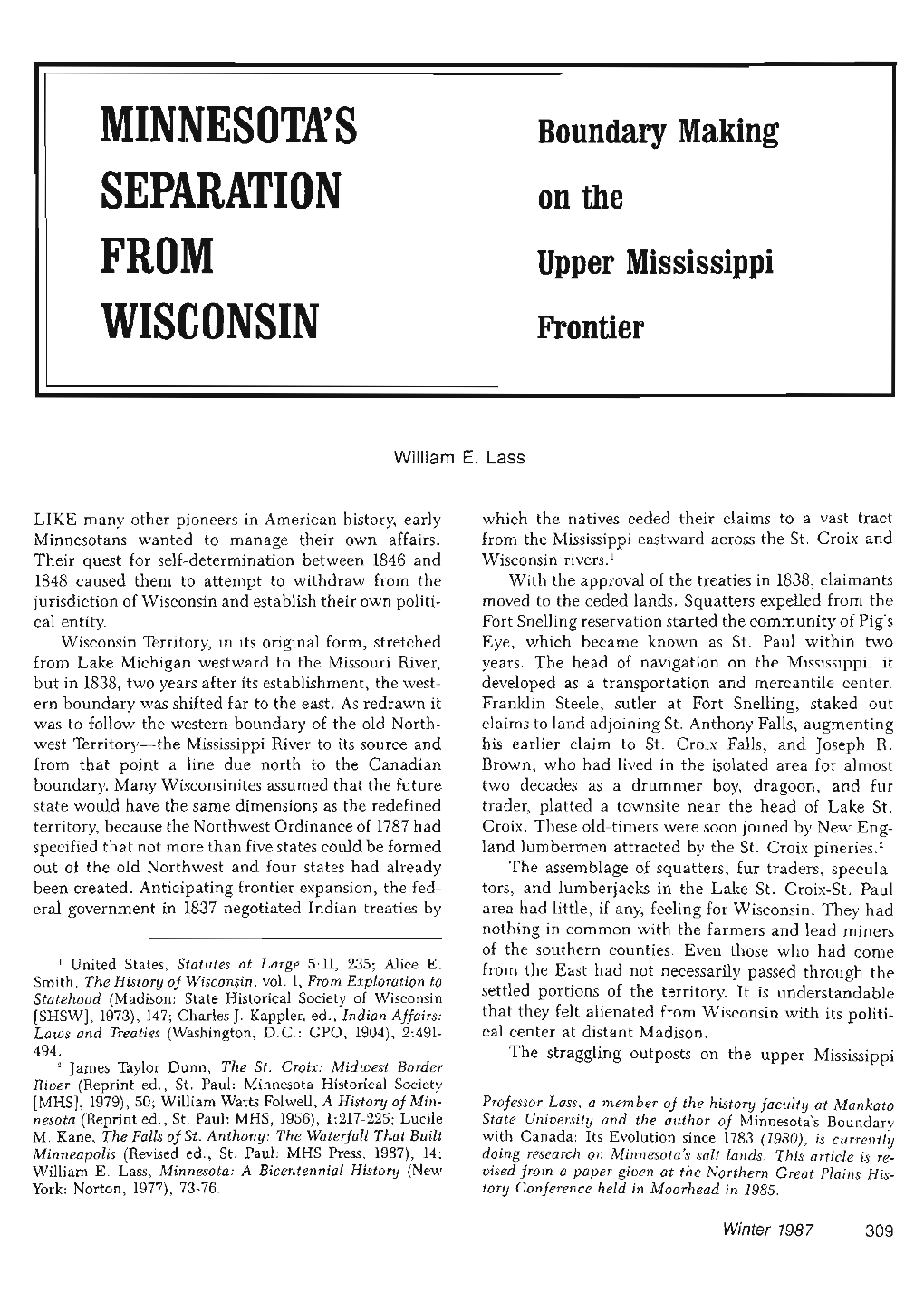 Minnesota's Separation from Wisconsin