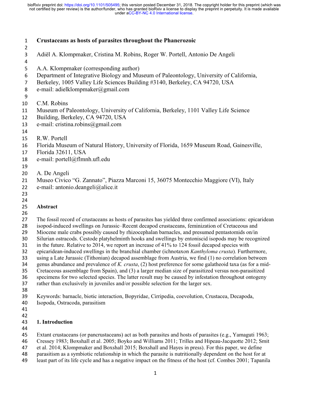 Crustaceans As Hosts of Parasites Throughout the Phanerozoic 2 3 Adiël A