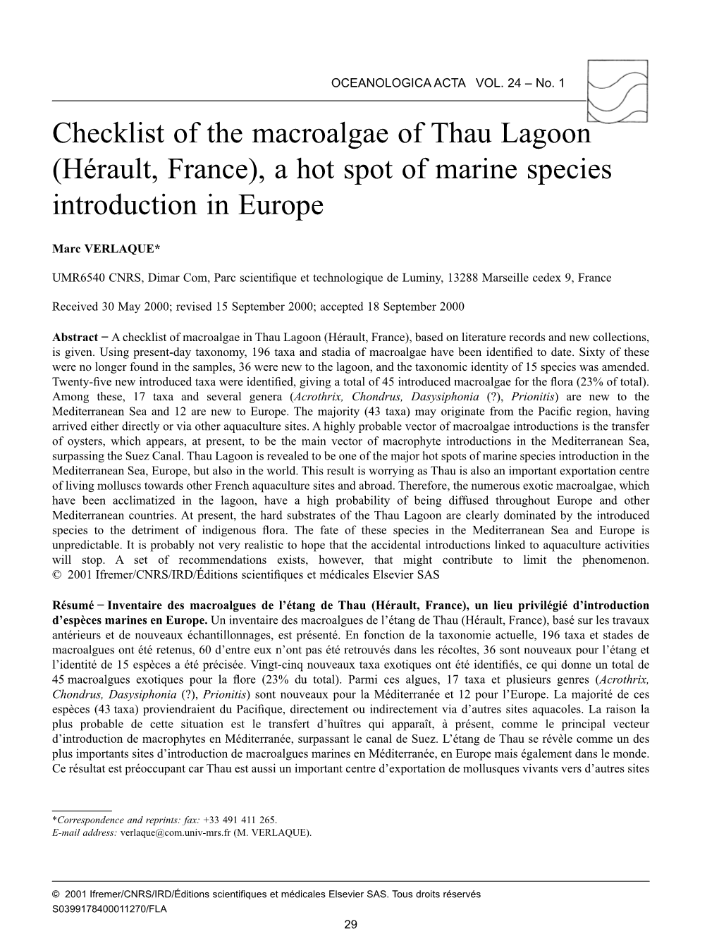 Checklist of the Macroalgae of Thau Lagoon (Hérault, France), a Hot Spot of Marine Species Introduction in Europe