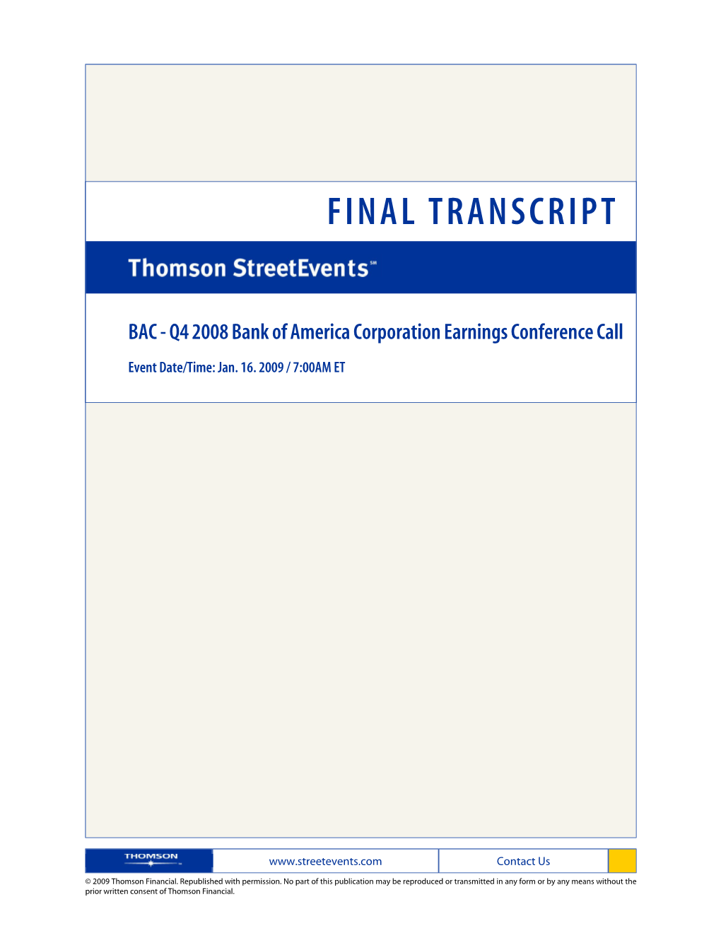 Q4 2008 Bank of America Corporation Earnings Conference Call on Jan