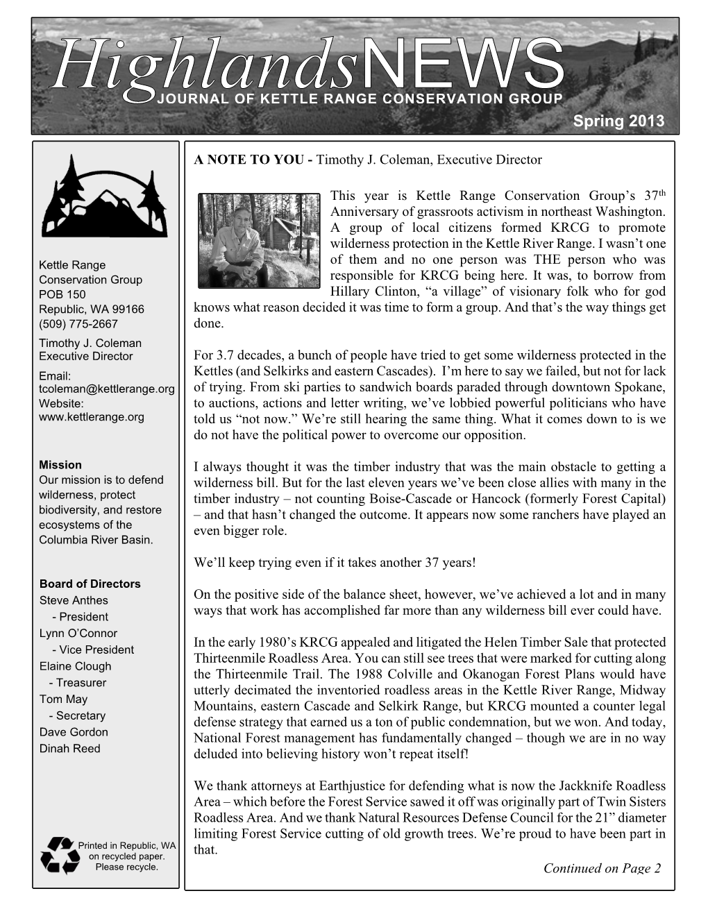 Highlandsnews JOURNAL of KETTLE RANGE CONSERVATION GROUP Spring 2013
