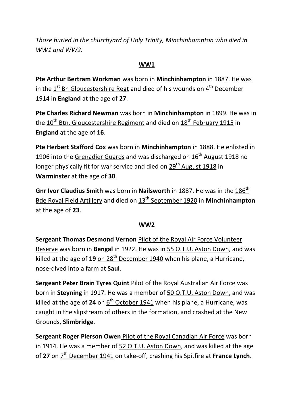 Those Buried in the Churchyard of Holy Trinity, Minchinhampton Who Died in WW1 and WW2