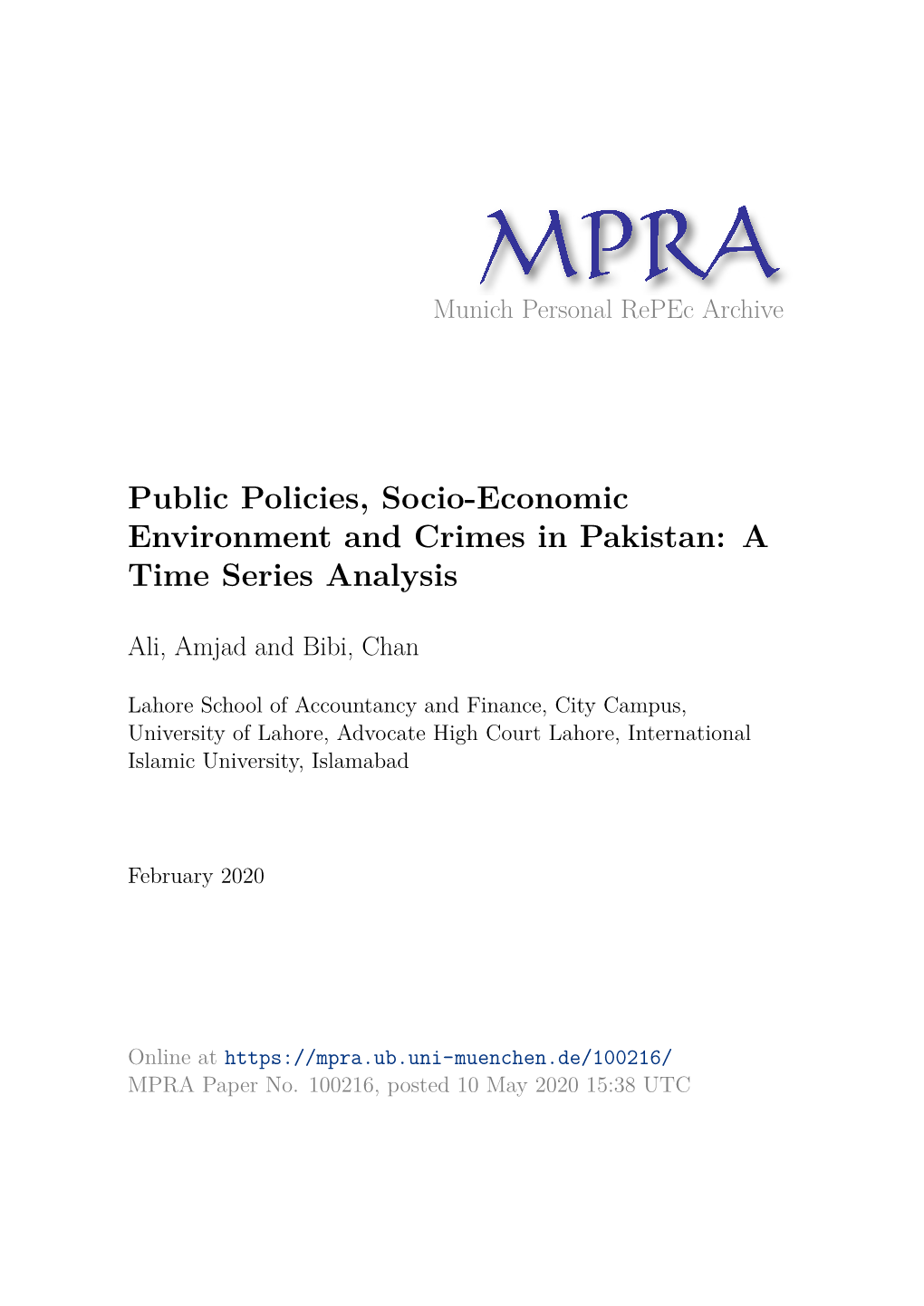 Public Policies, Socio-Economic Environment and Crimes in Pakistan: a Time Series Analysis
