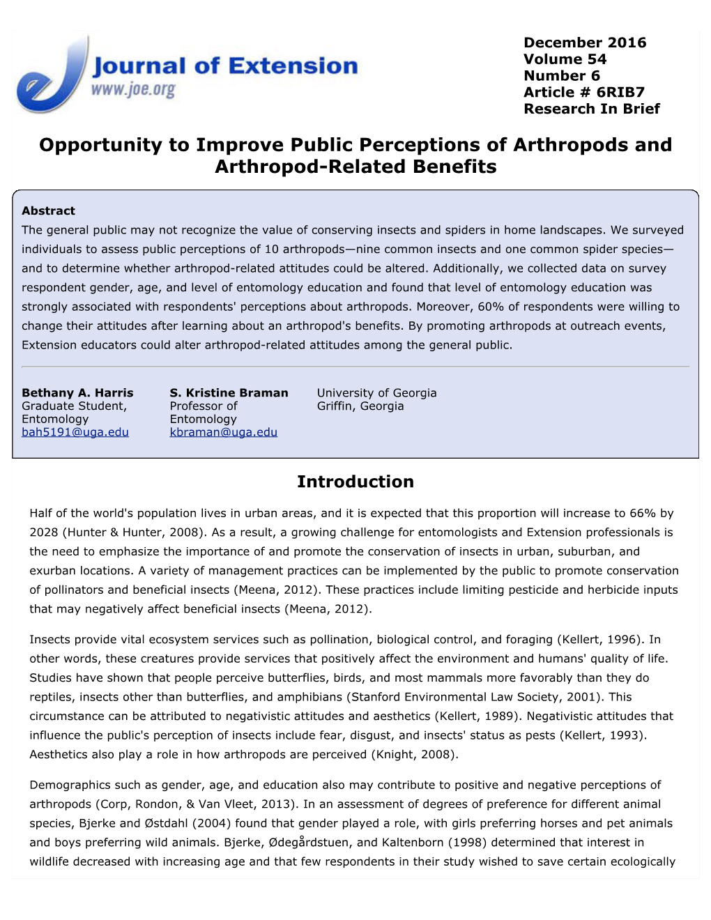 Opportunity to Improve Public Perceptions of Arthropods and Arthropod-Related Benefits