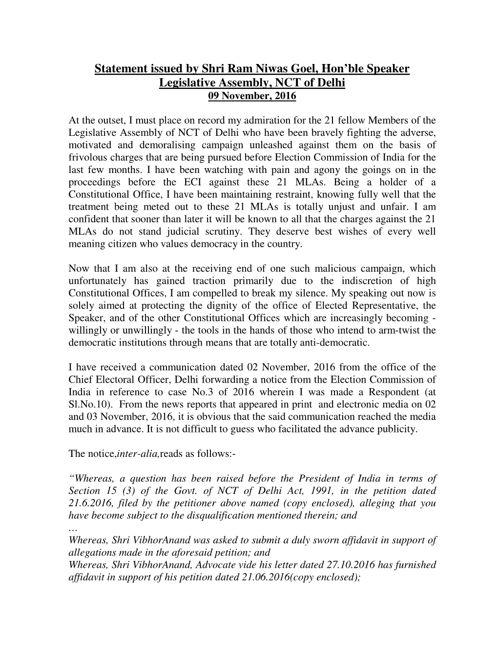 Statement Issued by Shri Ram Niwas Goel, Hon'ble Speaker Legislative
