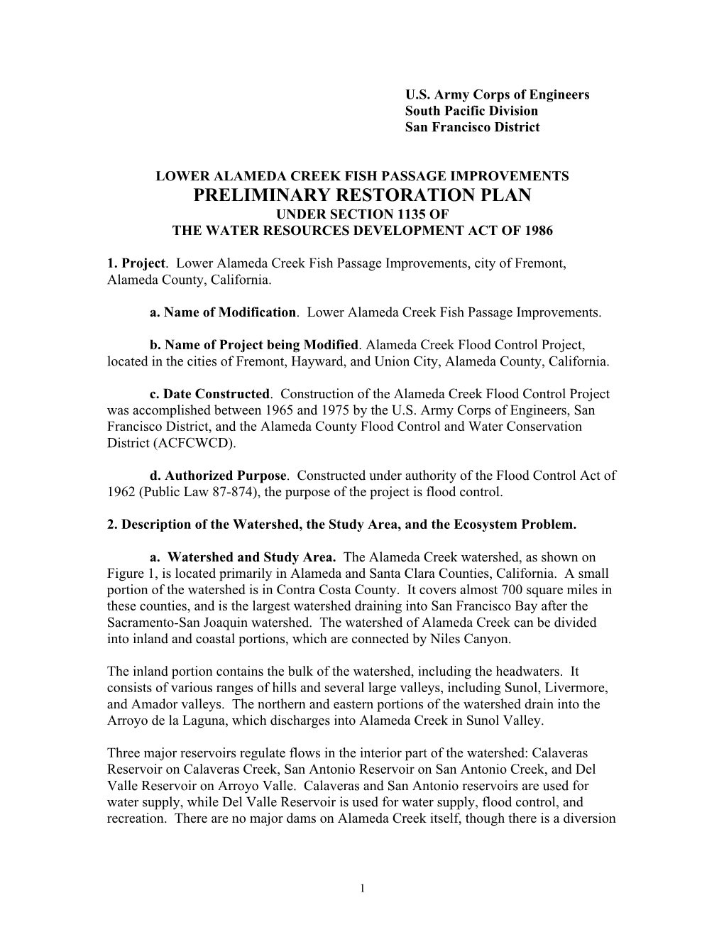 Preliminary Restoration Plan Under Section 1135 of the Water Resources Development Act of 1986