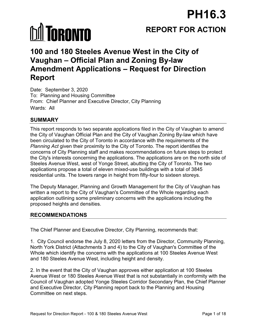 100 and 180 Steeles Avenue West in the City of Vaughan – Official Plan and Zoning By-Law Amendment Applications – Request for Direction Report