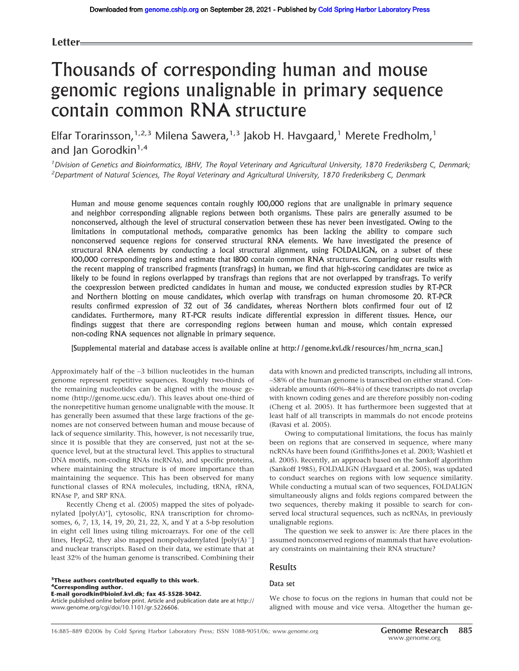 Thousands of Corresponding Human and Mouse Genomic Regions Unalignable in Primary Sequence Contain Common RNA Structure