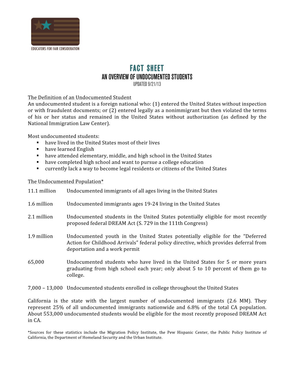 Fact Sheet an Overview of Undocumented Students Updated 9/21/13