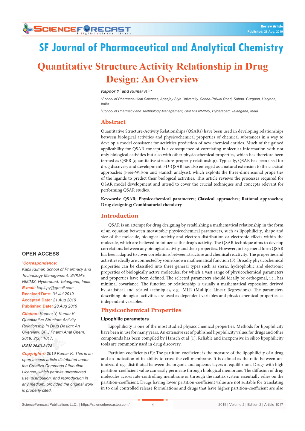 Quantitative Structure Activity Relationship in Drug Design: an Overview