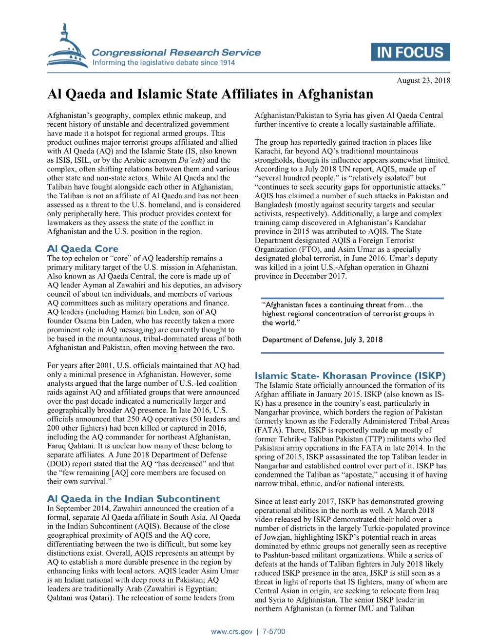 Al Qaeda and Islamic State Affiliates in Afghanistan