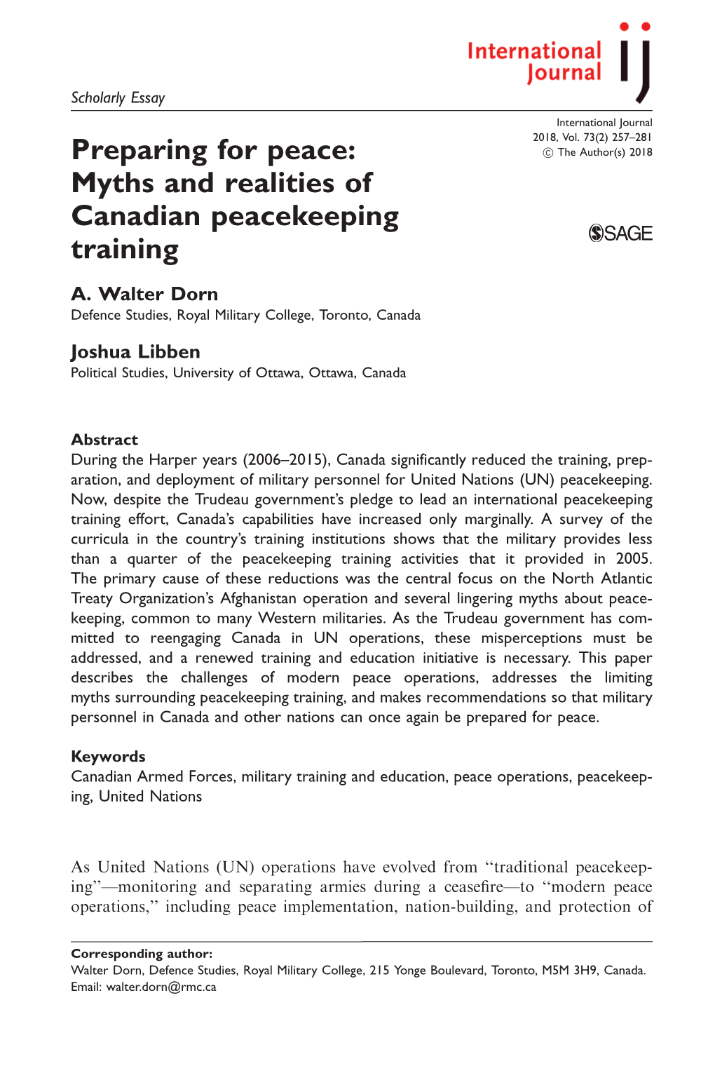 Preparing for Peace: Myths and Realities of Canadian Peacekeeping