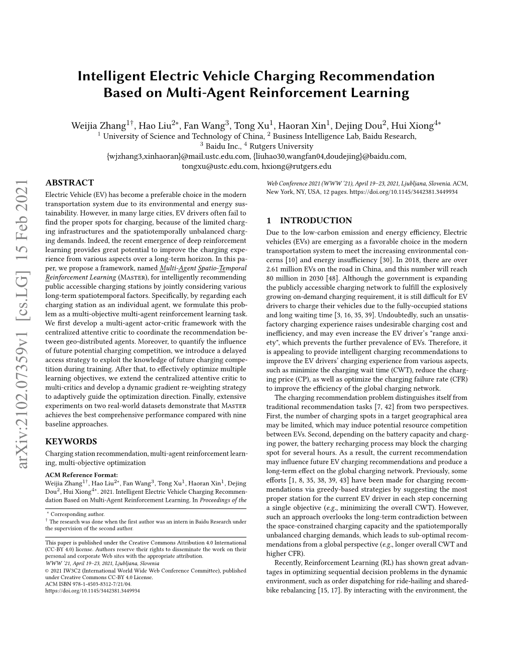 Intelligent Electric Vehicle Charging Recommendation Based on Multi-Agent Reinforcement Learning