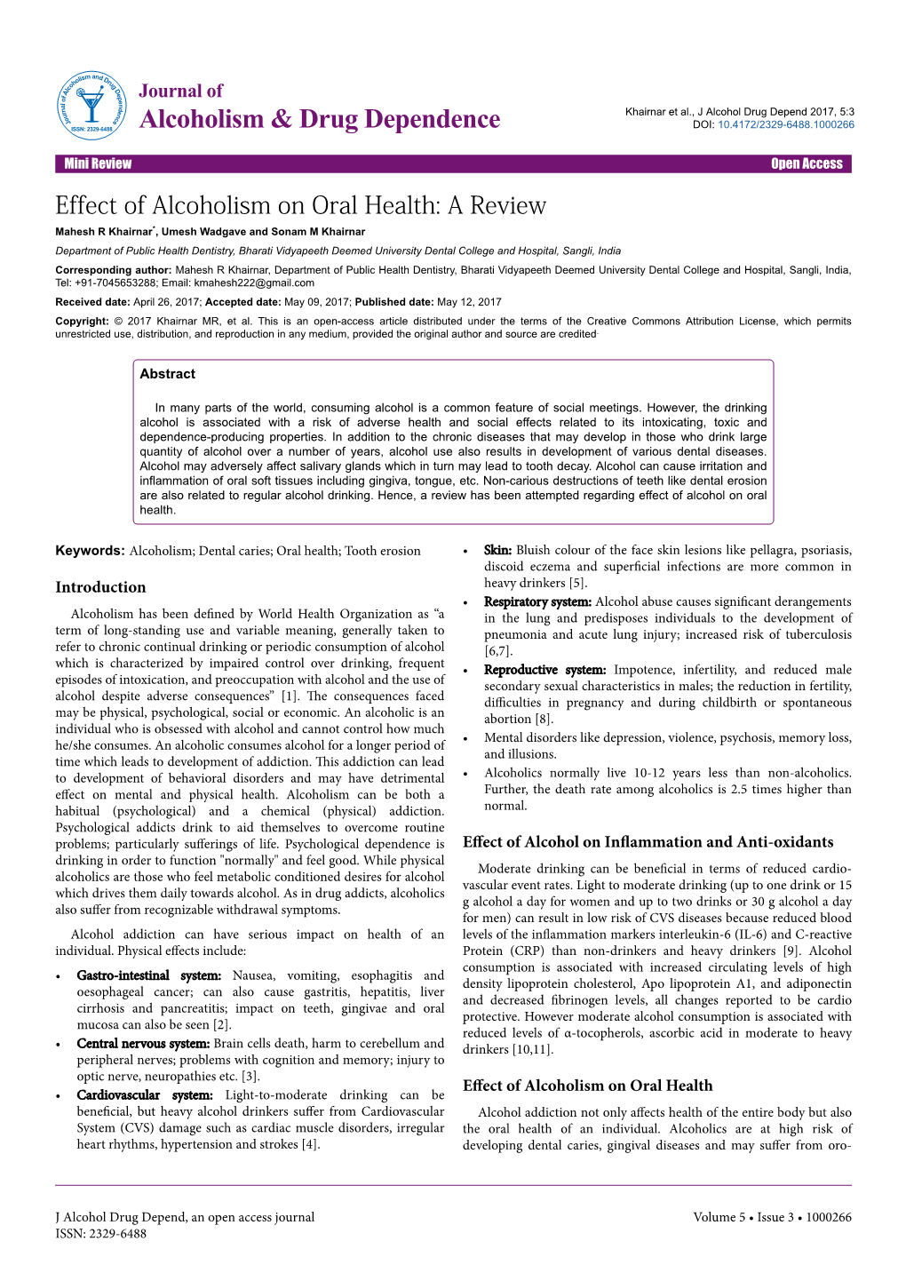 Effect of Alcoholism on Oral Health: a Review