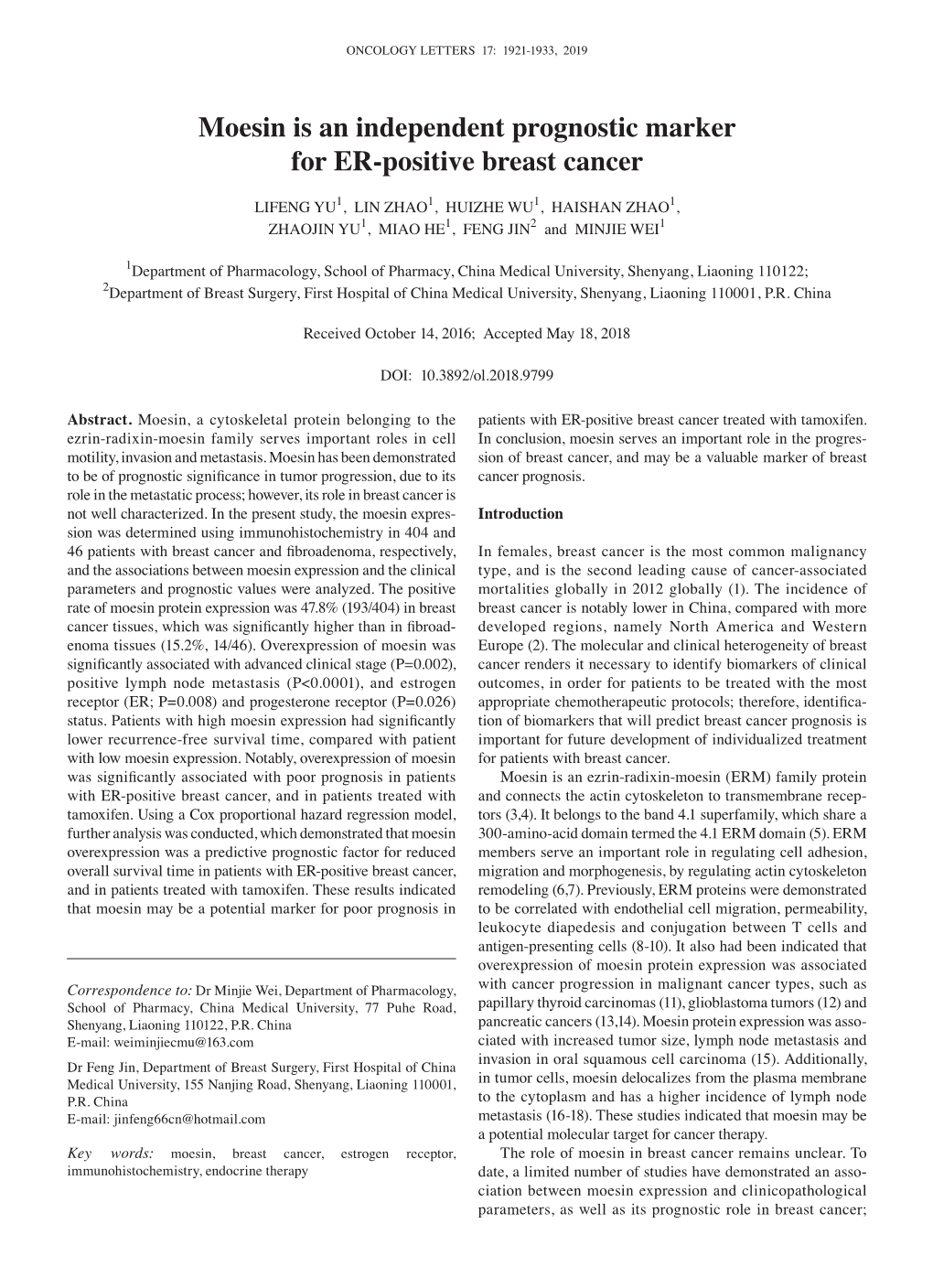 Moesin Is an Independent Prognostic Marker for ER‑Positive Breast Cancer