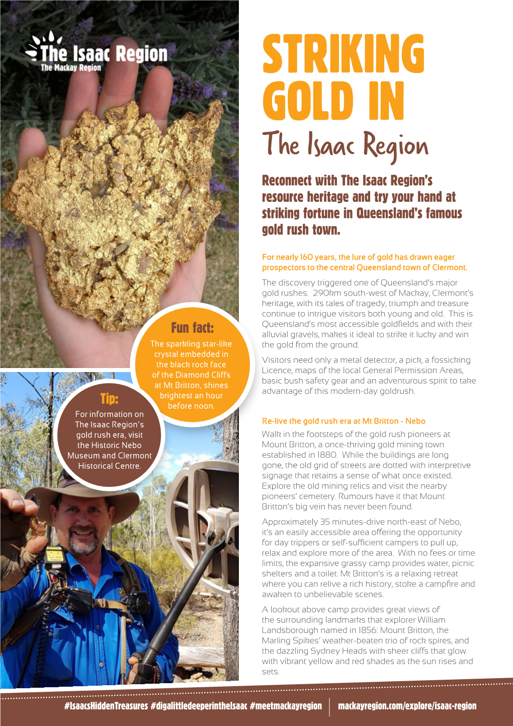 STRIKING GOLD in the Isaac Region Reconnect with the Isaac Region’S Resource Heritage and Try Your Hand at Striking Fortune in Queensland’S Famous Gold Rush Town