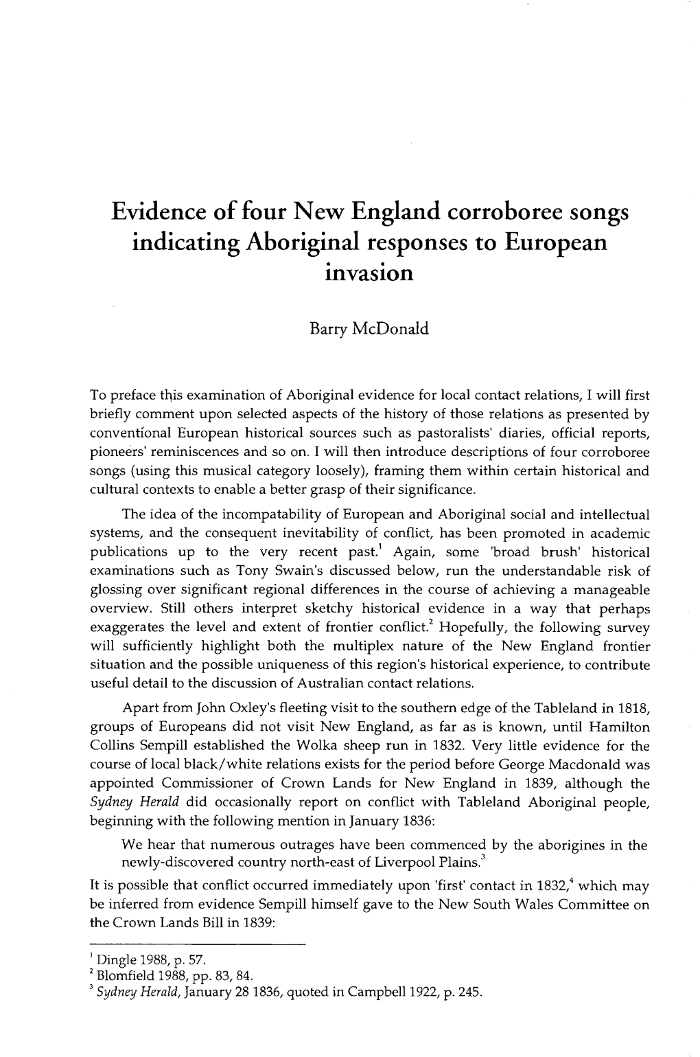 Evidence of Four New England Corroboree Songs Indicating Aboriginal Responses to European Invasion