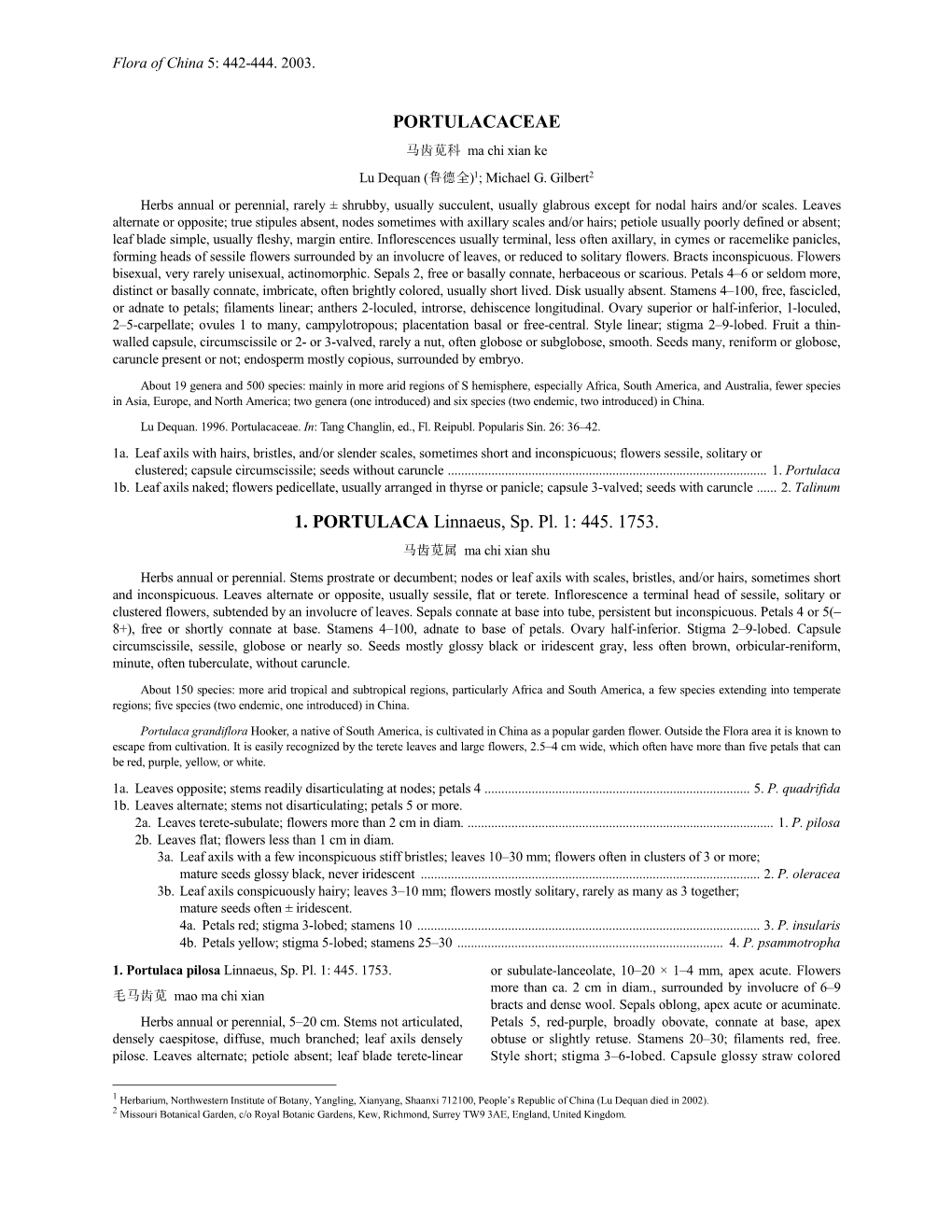 PORTULACACEAE 马齿苋科 Ma Chi Xian Ke Lu Dequan (鲁德全)1; Michael G