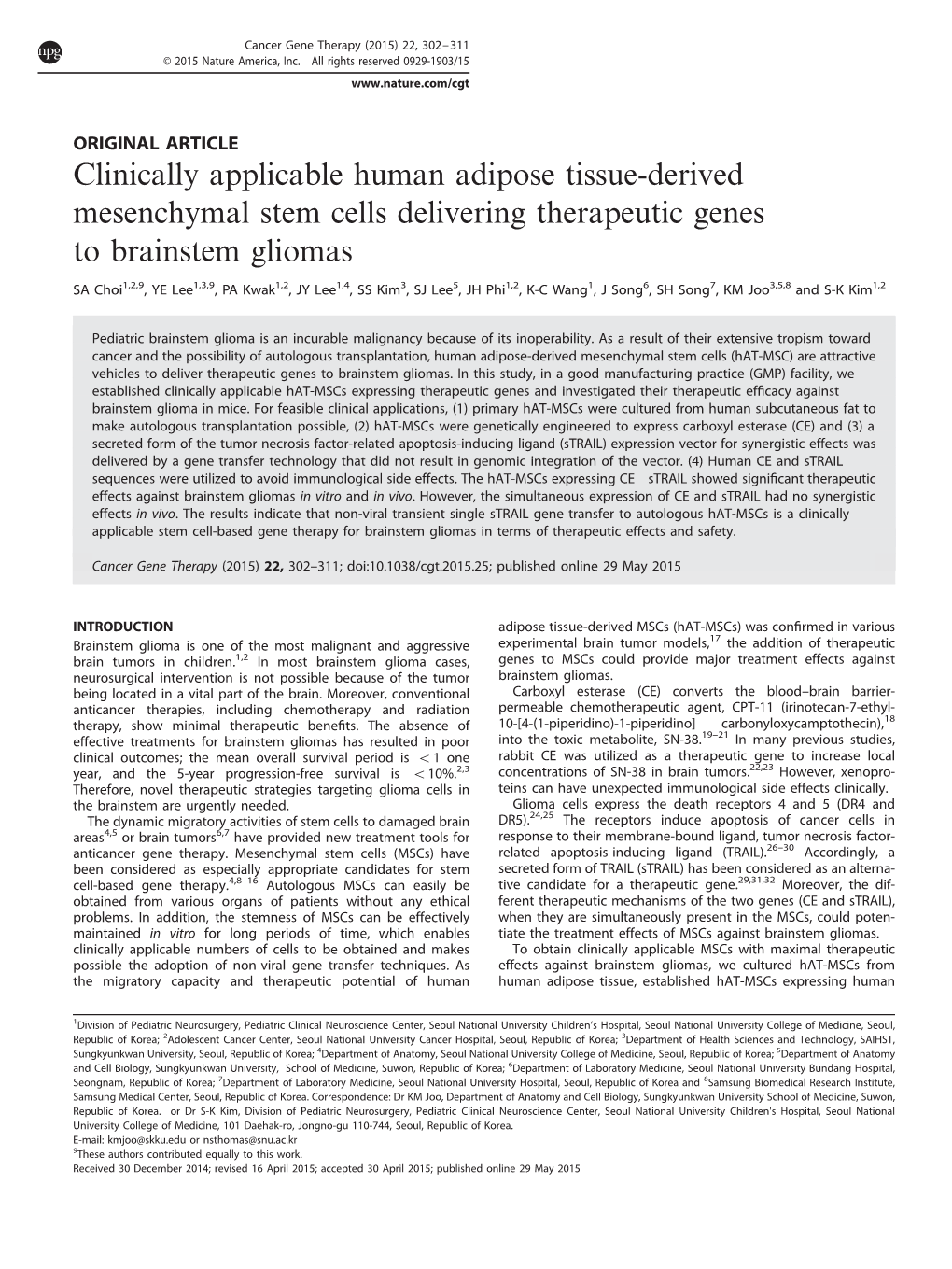 Clinically Applicable Human Adipose Tissue-Derived Mesenchymal Stem Cells Delivering Therapeutic Genes to Brainstem Gliomas