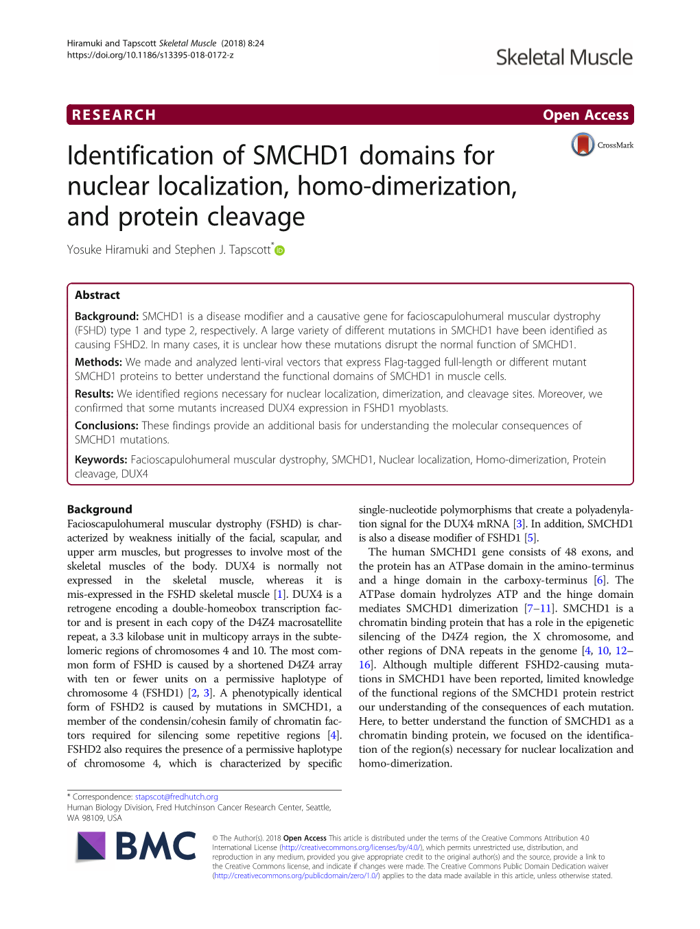 Identification of SMCHD1 Domains for Nuclear Localization, Homo-Dimerization, and Protein Cleavage Yosuke Hiramuki and Stephen J