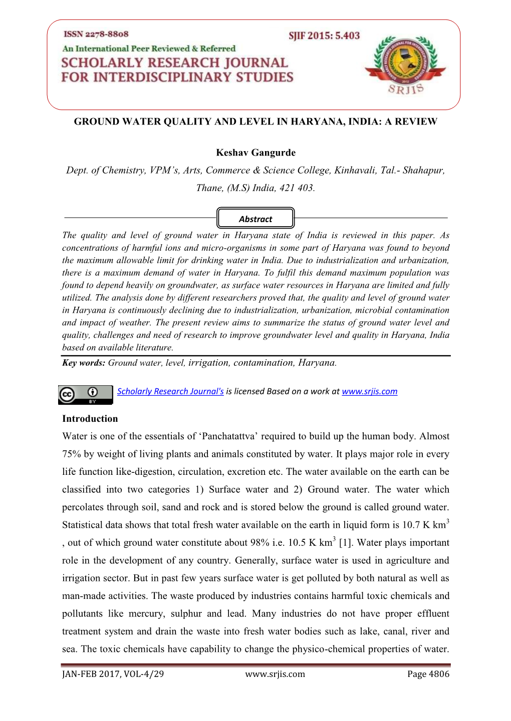 Ground Water Quality and Level in Haryana, India: a Review