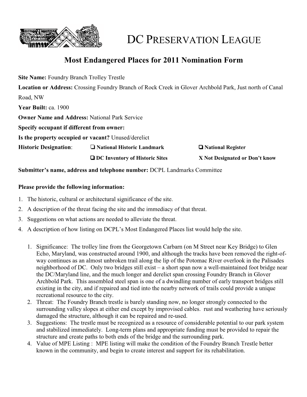 Most Endangered Places for 2011 Nomination Form