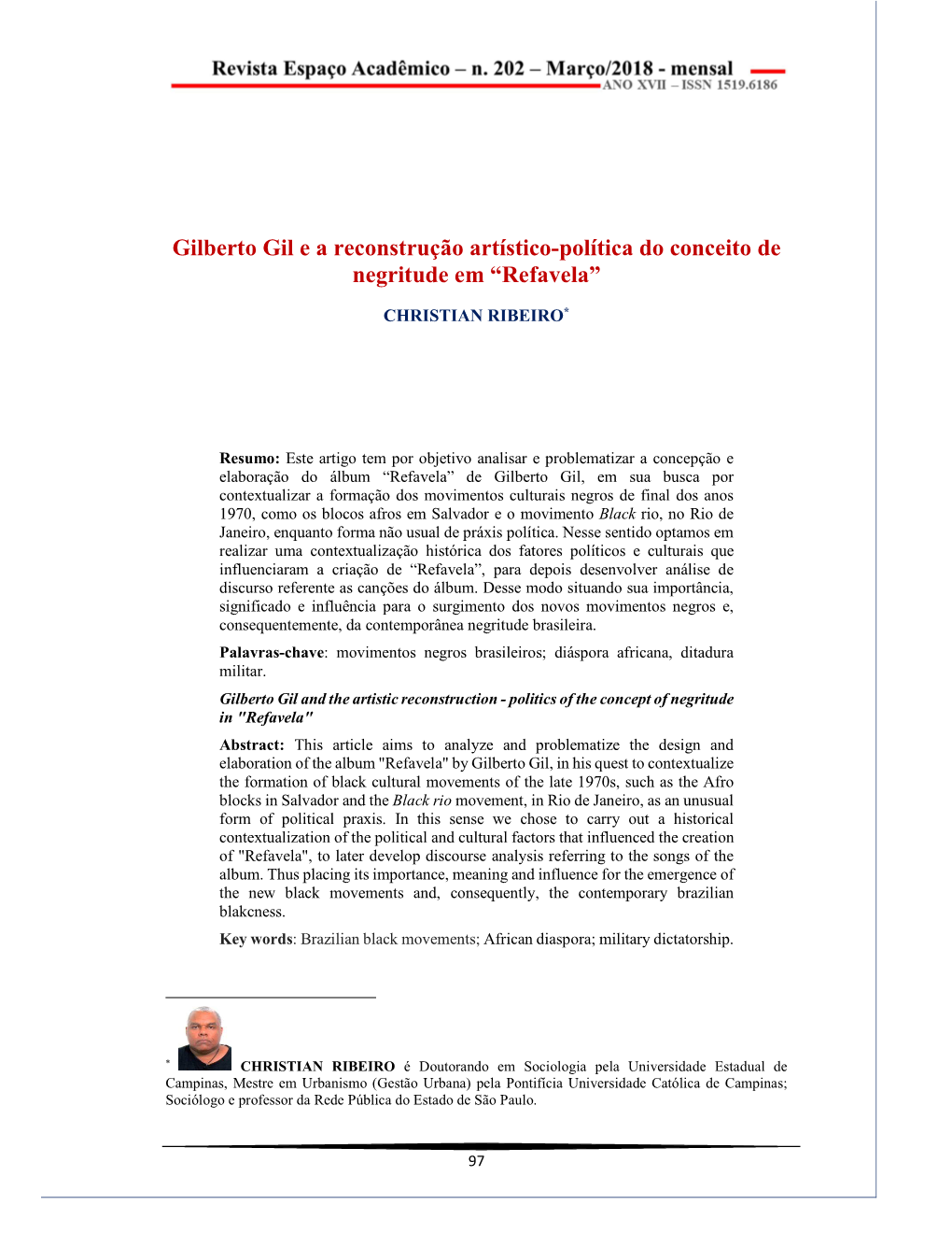 Gilberto Gil E a Reconstrução Artístico-Política Do Conceito De Negritude Em “Refavela”