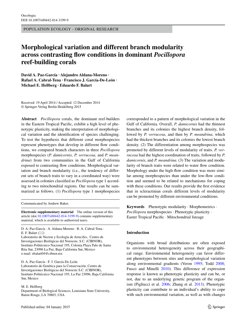 Morphological Variation and Different Branch Modularity Across Contrasting Flow Conditions in Dominant Pocillopora Reef‑Building Corals