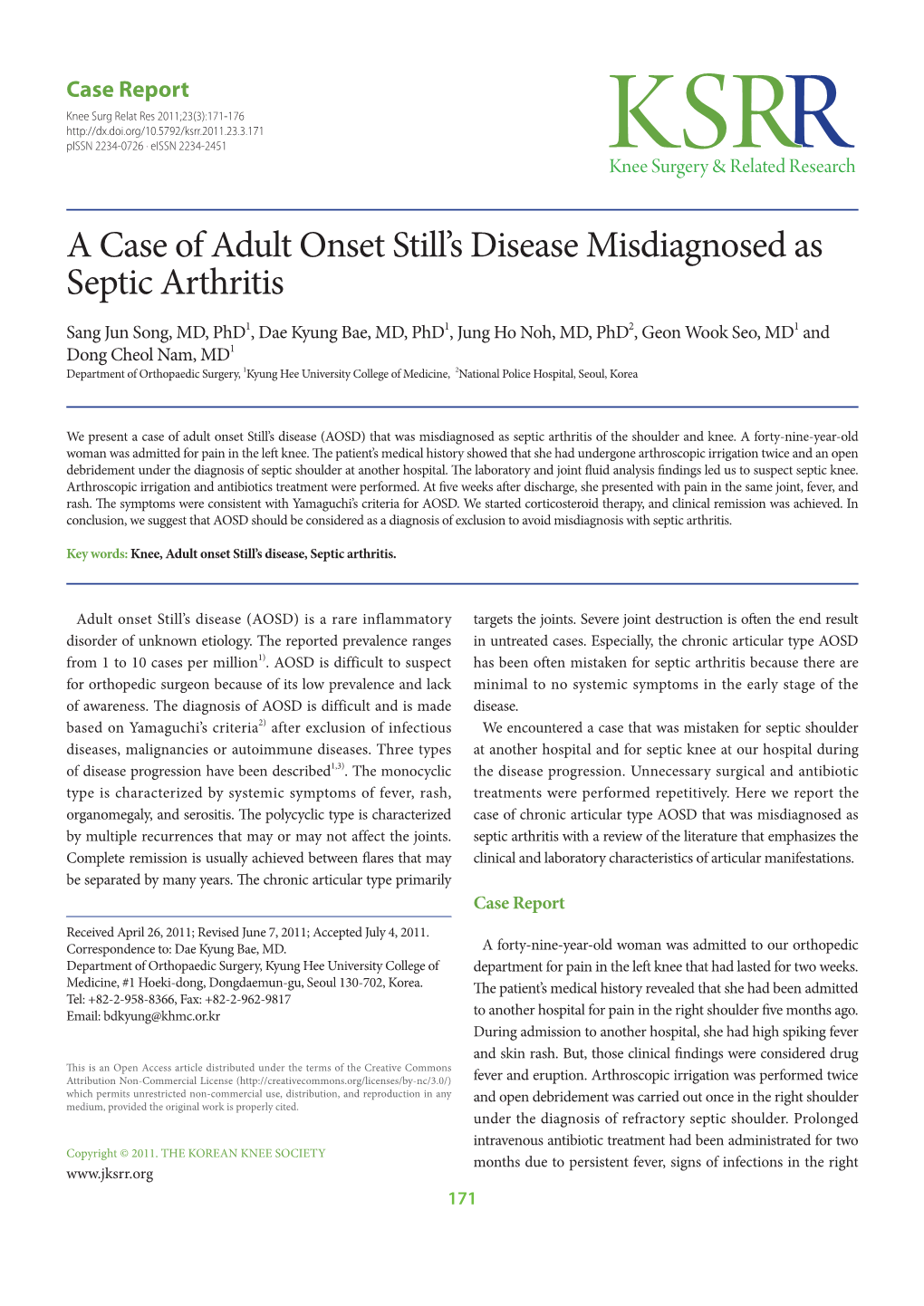 A Case of Adult Onset Still's Disease Misdiagnosed As Septic Arthritis