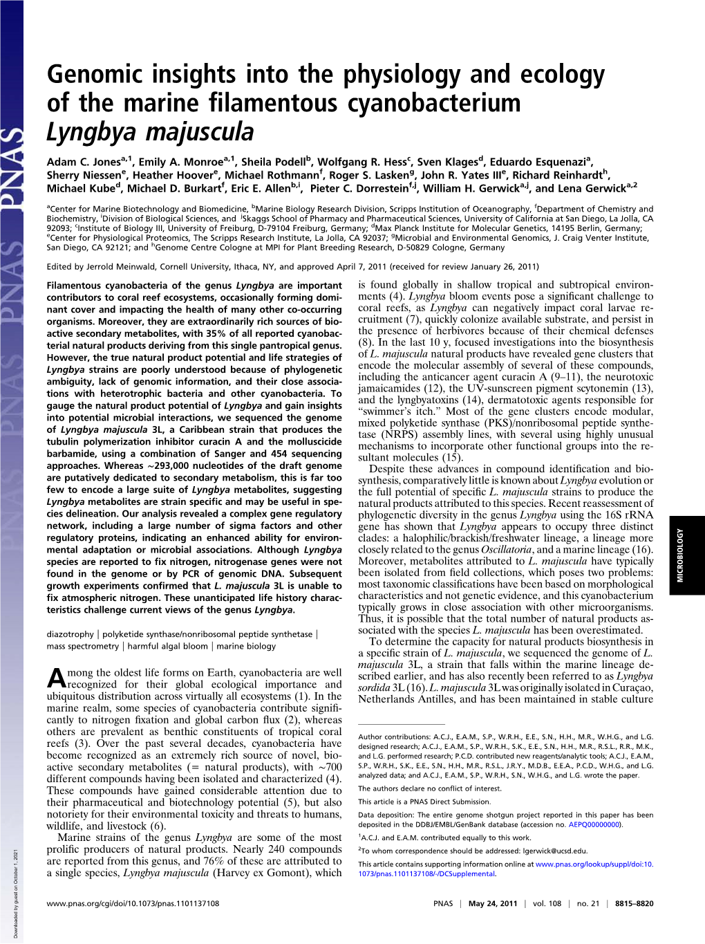 Genomic Insights Into the Physiology and Ecology of the Marine ﬁlamentous Cyanobacterium Lyngbya Majuscula