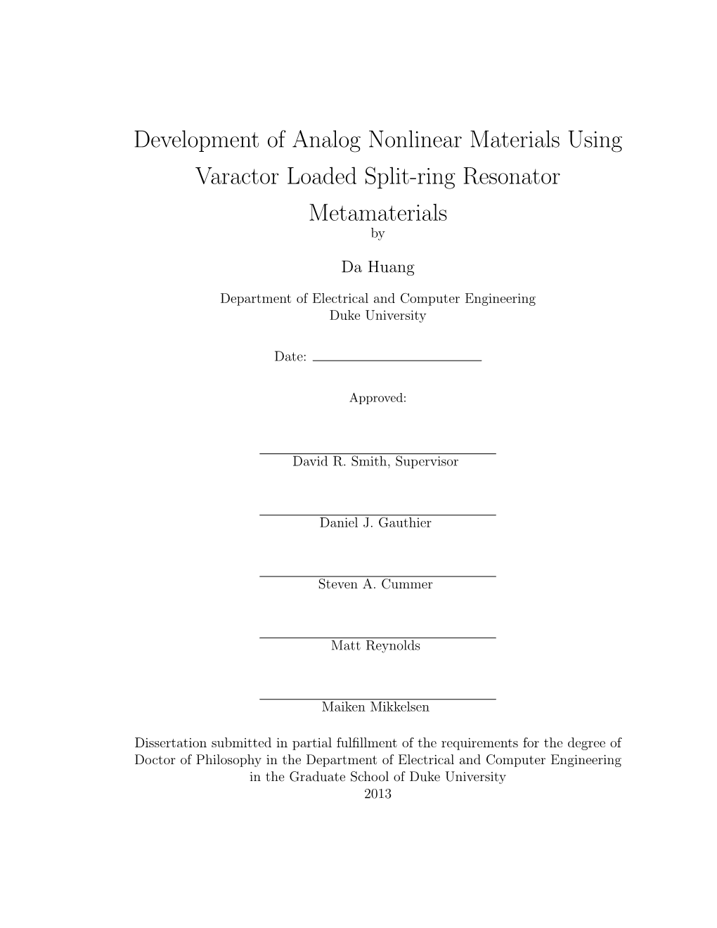 Development of Analog Nonlinear Materials Using Varactor Loaded Split-Ring Resonator Metamaterials By