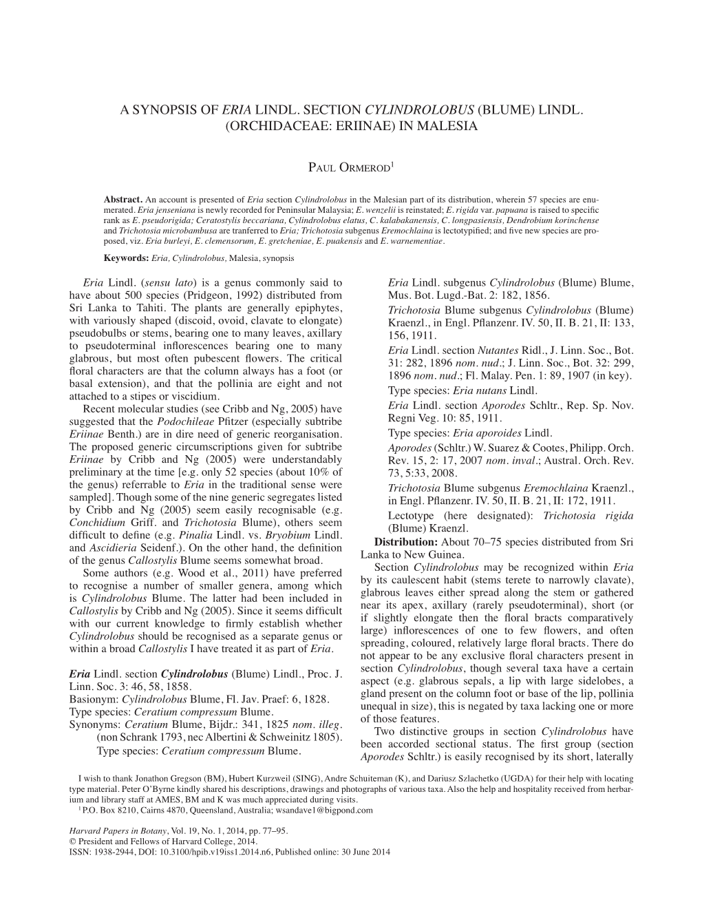 A Synopsis of Eria Lindl. Section Cylindrolobus (Blume) Lindl