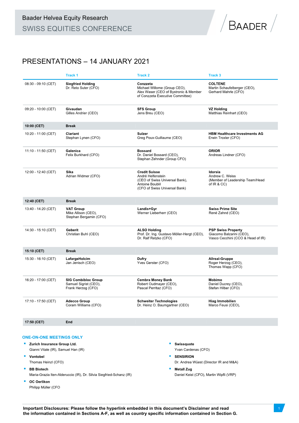 Swiss Equities Conference Presentations – 14 January