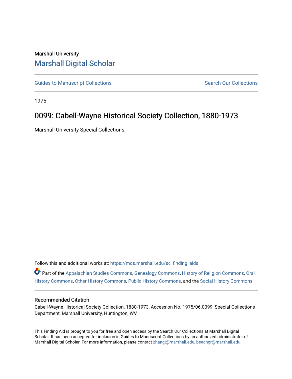 Cabell-Wayne Historical Society Collection, 1880-1973