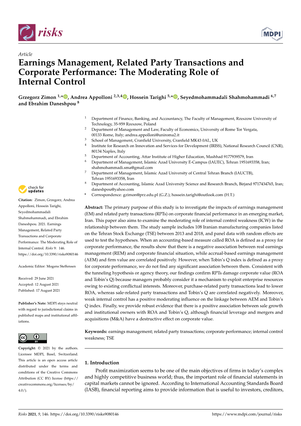 Earnings Management, Related Party Transactions and Corporate Performance: the Moderating Role of Internal Control