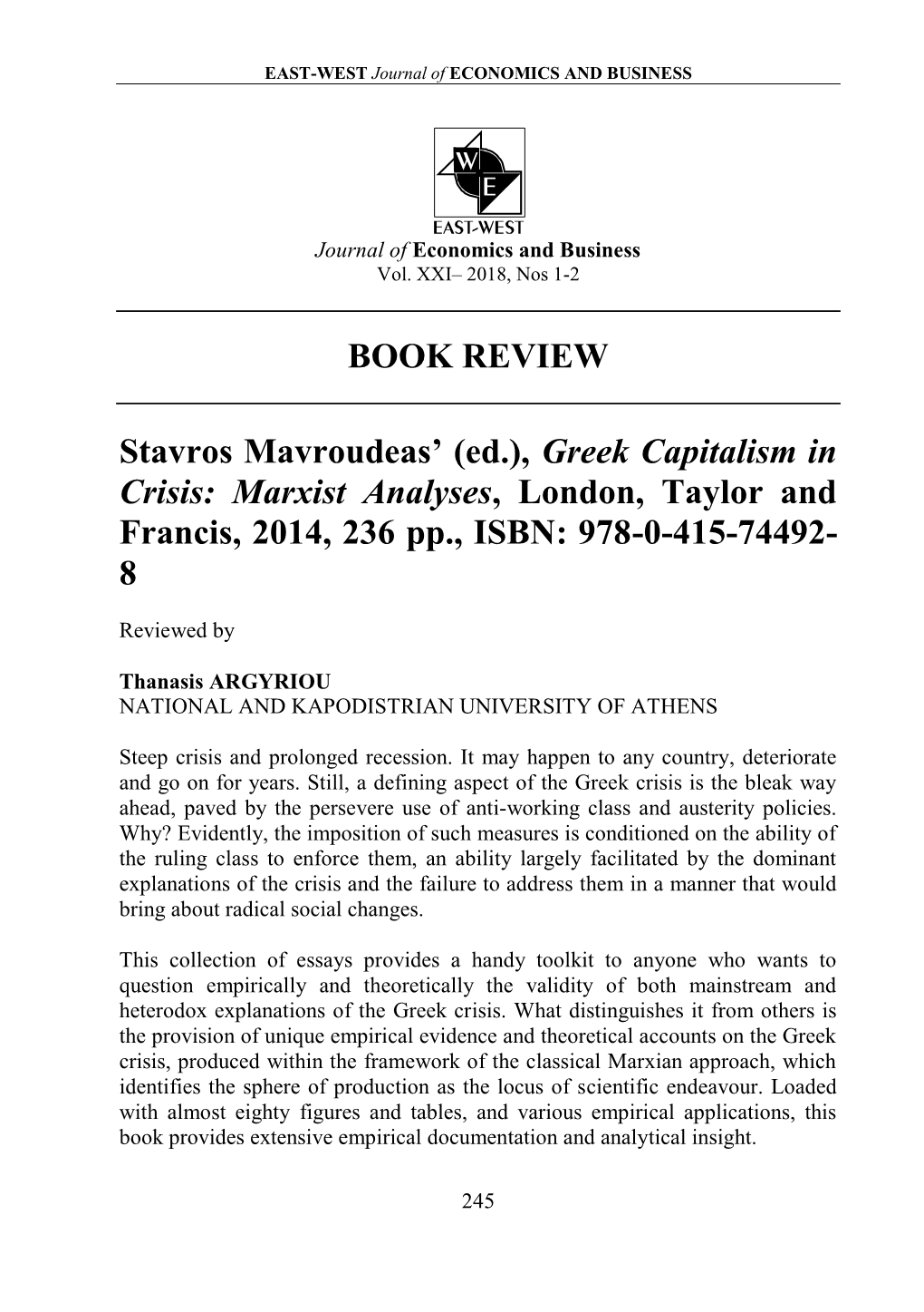 BOOK REVIEW Stavros Mavroudeas' (Ed.), Greek Capitalism in Crisis