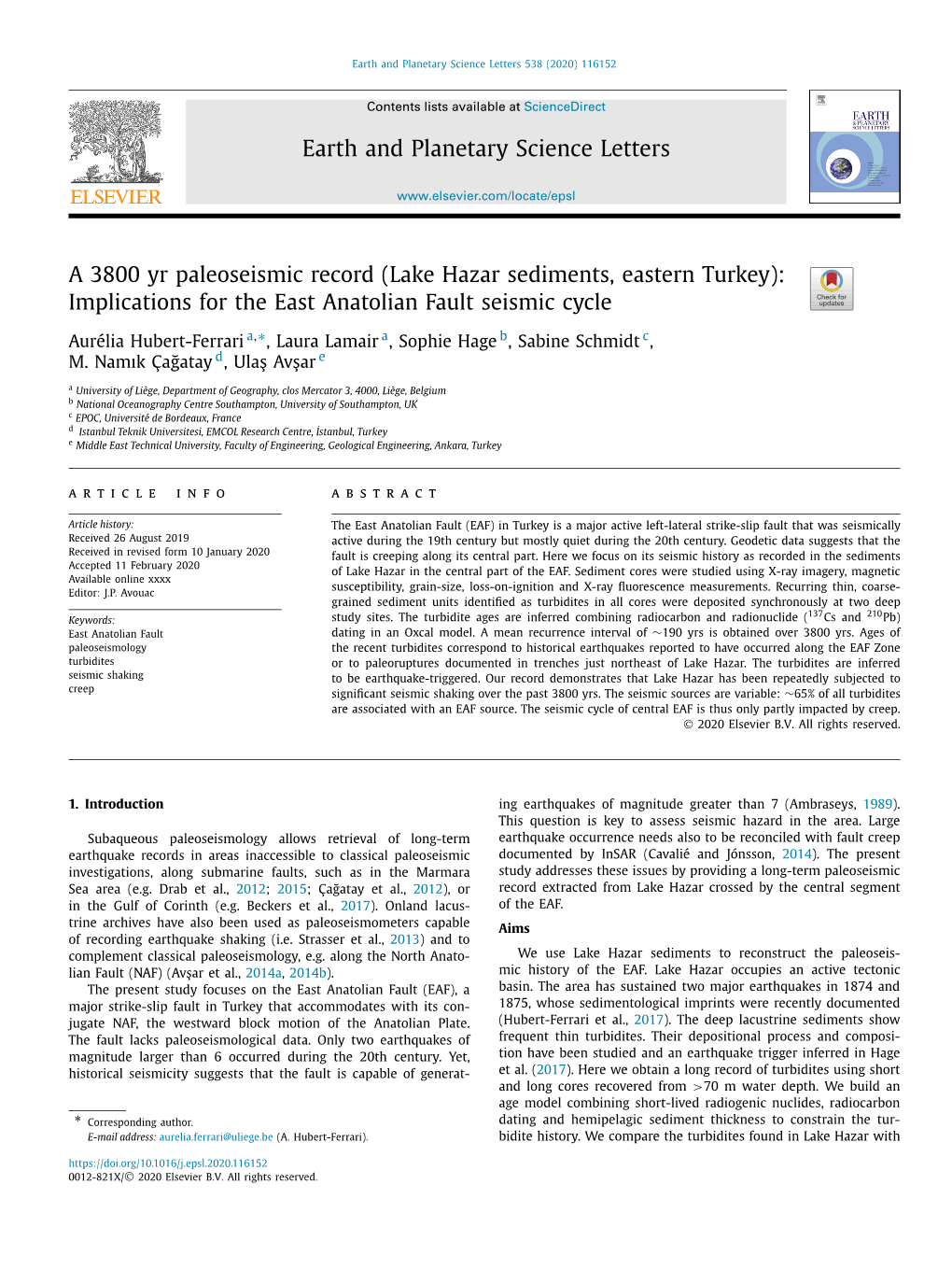 A 3800 Yr Paleoseismic Record (Lake Hazar Sediments, Eastern Turkey