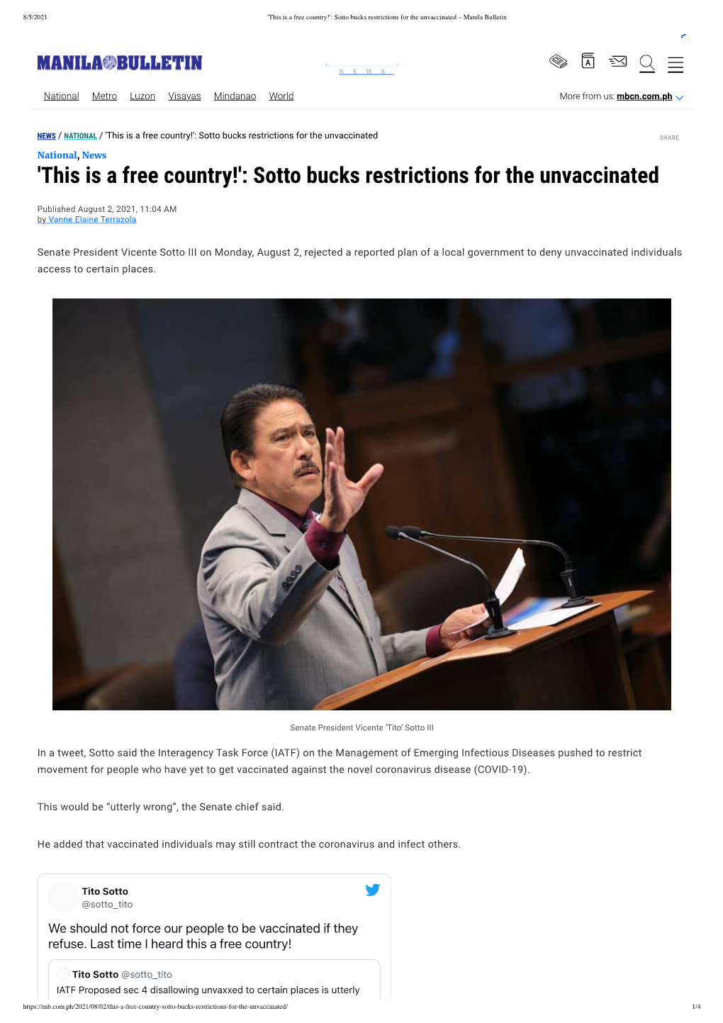 Sotto Bucks Restrictions for the Unvaccinated – Manila Bulletin