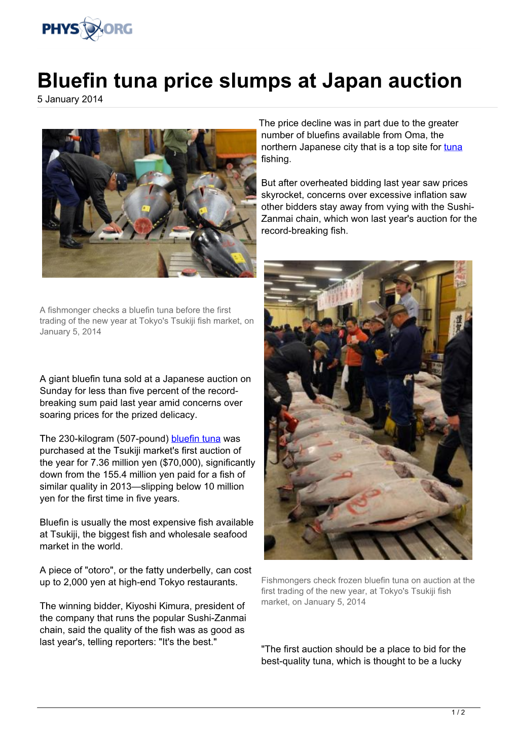 Bluefin Tuna Price Slumps at Japan Auction 5 January 2014