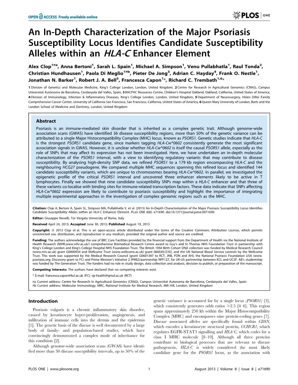 An In-Depth Characterization of the Major Psoriasis Susceptibility Locus Identifies Candidate Susceptibility Alleles Within an HLA-C Enhancer Element